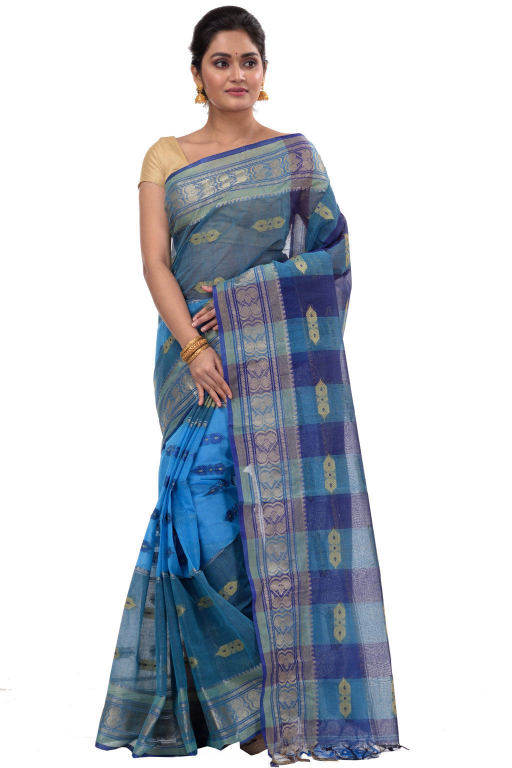 Blue Pure Cotton Raj Nandi Desigine Tant Saree (754)
